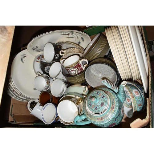 488 - FIVE BOXES OF CERAMICS AND GLASSWARE, to include stainless steel tea ware, blue and white Willow pat... 