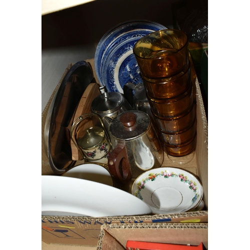 488 - FIVE BOXES OF CERAMICS AND GLASSWARE, to include stainless steel tea ware, blue and white Willow pat... 