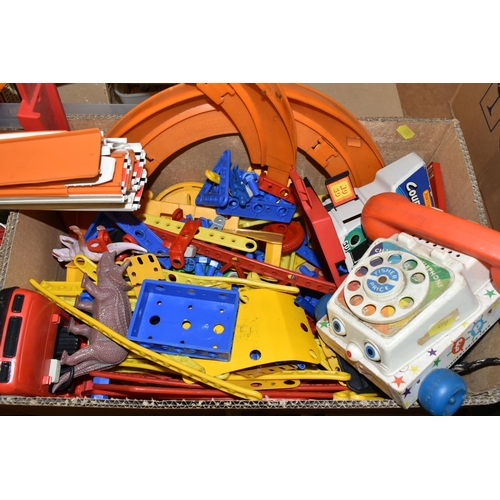 490 - THREE BOXES OF VINTAGE TOYS AND GAMES, to include a Bayko Building set, a quantity of Matchbox racin... 