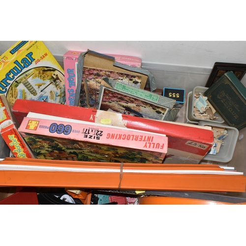 490 - THREE BOXES OF VINTAGE TOYS AND GAMES, to include a Bayko Building set, a quantity of Matchbox racin... 