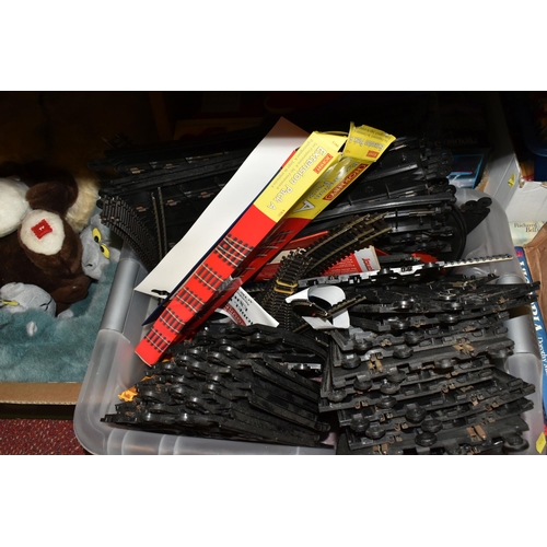 493 - FOUR BOXES OF VINTAGE TOYS, BOARD GAMES AND SCALEXTRIC TRACK, to include a quantity of Scalextric tr... 