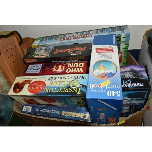 493 - FOUR BOXES OF VINTAGE TOYS, BOARD GAMES AND SCALEXTRIC TRACK, to include a quantity of Scalextric tr... 