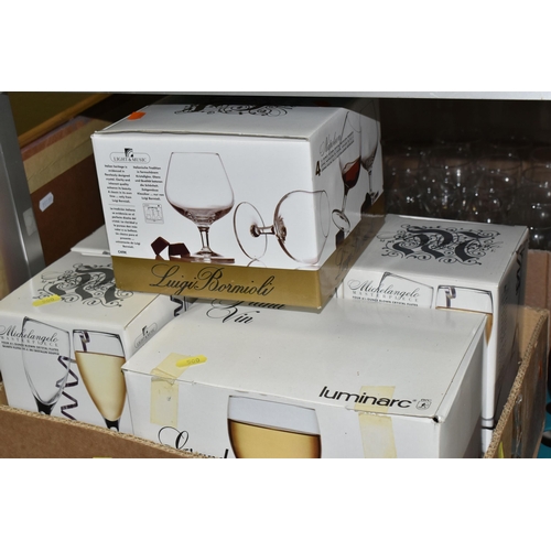 500 - SIX BOXES OF DRINKING GLASSES, to include boxed sets of  Luminarc wine glasses, brandy glasses, frui... 