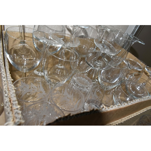 500 - SIX BOXES OF DRINKING GLASSES, to include boxed sets of  Luminarc wine glasses, brandy glasses, frui... 