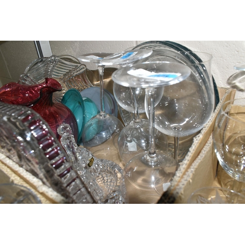 500 - SIX BOXES OF DRINKING GLASSES, to include boxed sets of  Luminarc wine glasses, brandy glasses, frui... 