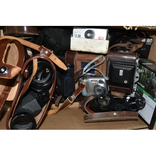 506 - TWO BOXES OF CAMERAS AND BINOCULARS, to include a cased Ross Ensign Selfix 16-20 folding camera, a N... 