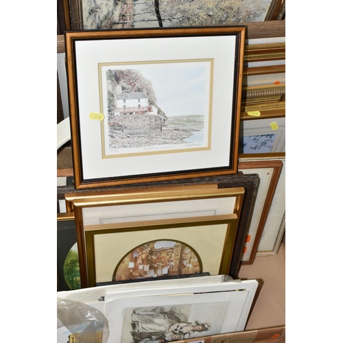 518 - TWO BOXES AND LOOSE ASSORTED PICTURES ETC, to include two early 20th century landscape oils on board... 