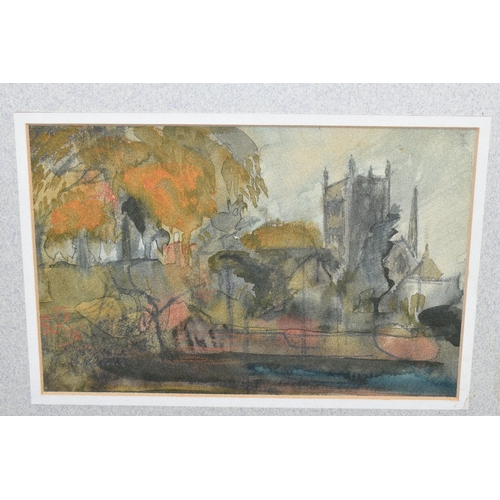 521 - GWILYM PRITCHARD (WELSH 1931-2015) HEREFORD CATHEDRAL, viewed from the river, signed lower left, mix... 