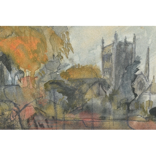 521 - GWILYM PRITCHARD (WELSH 1931-2015) HEREFORD CATHEDRAL, viewed from the river, signed lower left, mix... 