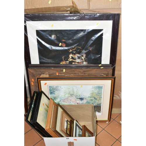 522 - A SMALL QUANTITY OF PAINTINGS AND PRINTS, to include two early 20th century oils on board depicting ... 