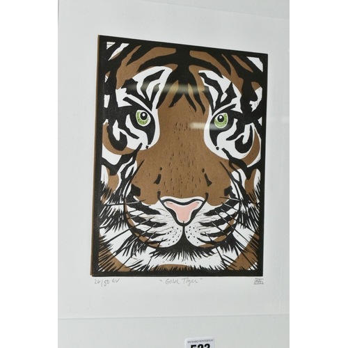 523 - ALISON HEADLEY (BRITISH CONTEMPORARY) 'GOLD TIGER', a limited edition linocut print depicting a Tige... 