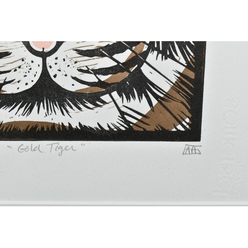 523 - ALISON HEADLEY (BRITISH CONTEMPORARY) 'GOLD TIGER', a limited edition linocut print depicting a Tige... 