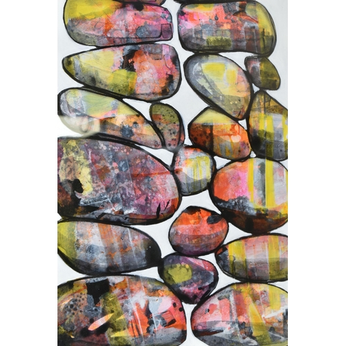 525 - CAROLYNNE COULSON (BRITISH CONTEMPORARY) 'CAIRN STONES', a colourful study of stacked pebbles, signe... 