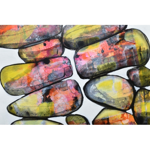 525 - CAROLYNNE COULSON (BRITISH CONTEMPORARY) 'CAIRN STONES', a colourful study of stacked pebbles, signe... 