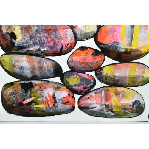 525 - CAROLYNNE COULSON (BRITISH CONTEMPORARY) 'CAIRN STONES', a colourful study of stacked pebbles, signe... 