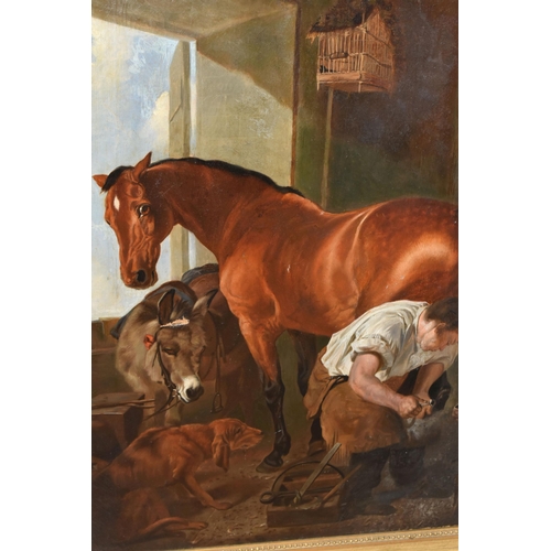 526 - 19TH CENTURY ENGLISH SCHOOL AFTER EDWIN LANDSEER, 'Shoeing a Bay Mare', a farrier is shoeing a horse... 