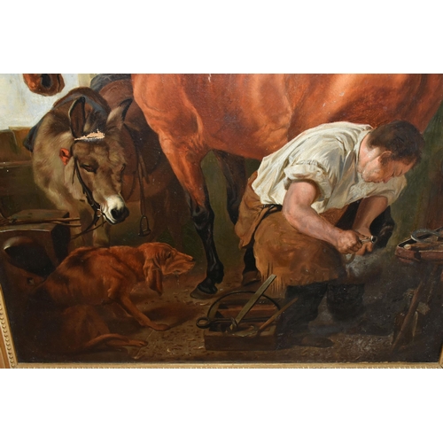 526 - 19TH CENTURY ENGLISH SCHOOL AFTER EDWIN LANDSEER, 'Shoeing a Bay Mare', a farrier is shoeing a horse... 