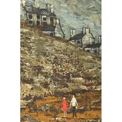 300 - JACK JONES (WALES 1922-1993) 'NORTH WALES COAST SCENE', a coastal landscape with three figures on th... 