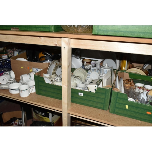 463 - FIVE BOXES OF CERAMICS, GLASS AND KITCHEN WARES, to include a Mason's Chartreuse cheese dish and cov... 