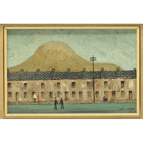 299 - JACK JONES (WALES 1922-1993) 'STREET, HILL AND FIGURES', a naive Welsh street scene, signed and date... 