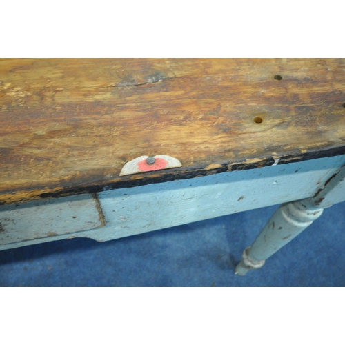 1212 - A VICTORIAN PINE FARMHOUSE KITCHEN TABLE, with a single frieze drawer, on turned legs, width 143cm x... 