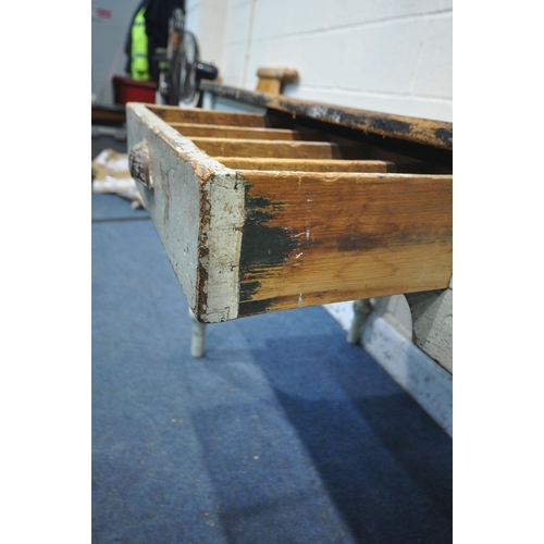 1212 - A VICTORIAN PINE FARMHOUSE KITCHEN TABLE, with a single frieze drawer, on turned legs, width 143cm x... 