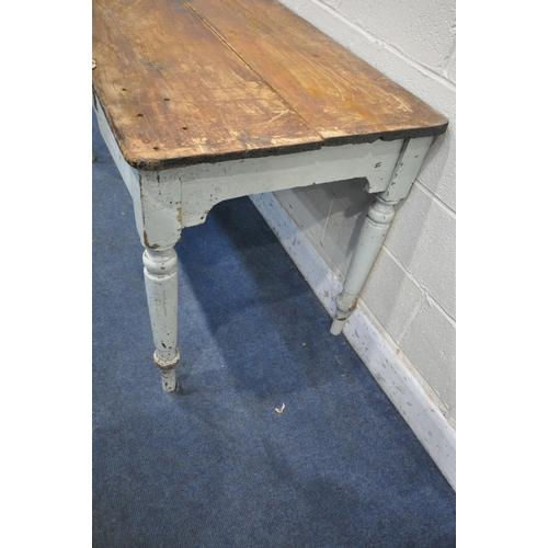 1212 - A VICTORIAN PINE FARMHOUSE KITCHEN TABLE, with a single frieze drawer, on turned legs, width 143cm x... 