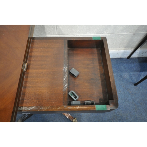 1217 - A BEVAN FUNNELL REPRODUX MAHOGANY FOLD OVER GAMES TABLE, the top enclosing a green playing baize and... 