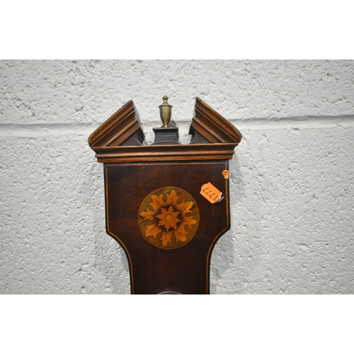 1221 - A GEORGIAN MAHOGANY WHEEL BAROMETER, with foliate and shell design inlay, the 8 inch silvered dial r... 