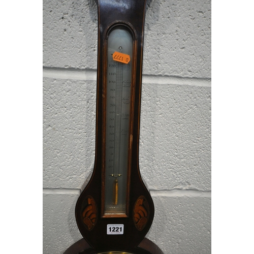 1221 - A GEORGIAN MAHOGANY WHEEL BAROMETER, with foliate and shell design inlay, the 8 inch silvered dial r... 