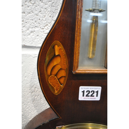 1221 - A GEORGIAN MAHOGANY WHEEL BAROMETER, with foliate and shell design inlay, the 8 inch silvered dial r... 