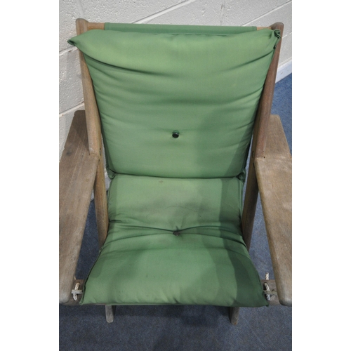 1222 - A NORFOLK LEISURE GEORGIANA TEAK FRAMED AND GREEN UPHOLSTERED SWINGING GARDEN CHAIR, with front rope... 