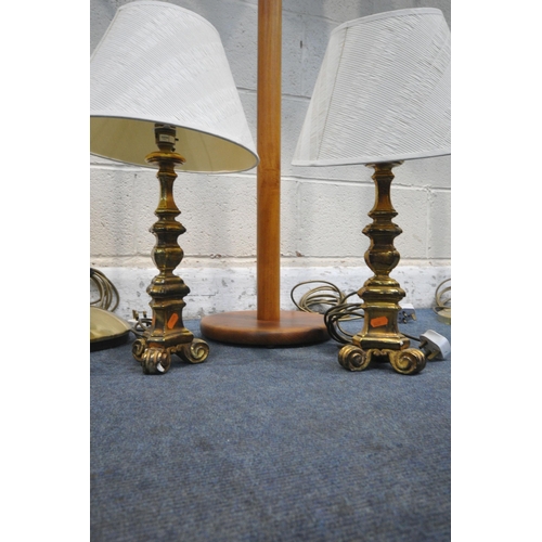 1226 - A SELECTION OF VARIOUS LAMPS, to include a brass standard lamp, a wooden standard lamp, another bras... 