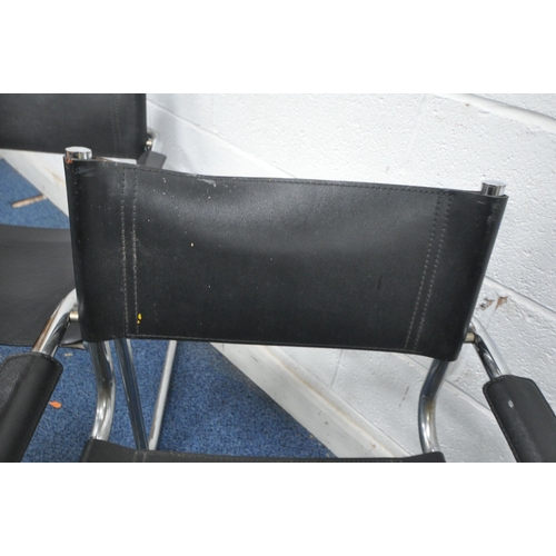 1243 - A SET OF SIX 1980'S CHROME TUBULAR CANTILEVER CHAIRS, in the manner of Mart Stam, with black leather... 