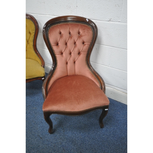 1248 - TWO REPRODUCTION VICTORIAN STYLE BUTTONED SPOON BACK CHAIRS, one with pink upholstery, the other wit... 