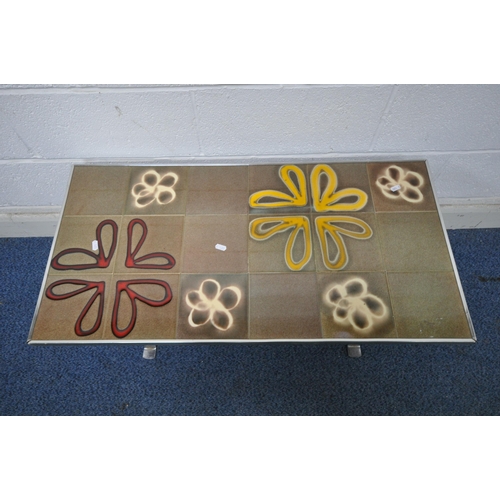 1257 - A MID CENTURY TILE TOP COFFEE TABLE, in the manner of Juliette Belarti, the top decorated with flora... 