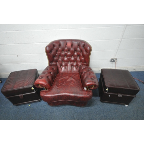 1262 - A BURGUNDY LEATHER BUTTONED ARMCHAIR, with brass studded detail, width 100cm x depth 97cm x height 1... 