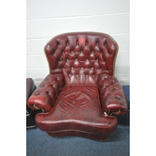 1262 - A BURGUNDY LEATHER BUTTONED ARMCHAIR, with brass studded detail, width 100cm x depth 97cm x height 1... 