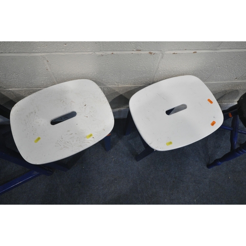 1285 - FIVE VARIOUS PINE BLUE PAINTED STOOLS, to include two pairs, one painted white, largest width 42cm x... 