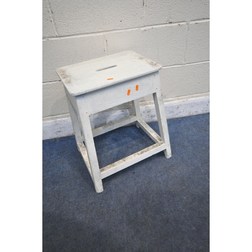 1285 - FIVE VARIOUS PINE BLUE PAINTED STOOLS, to include two pairs, one painted white, largest width 42cm x... 