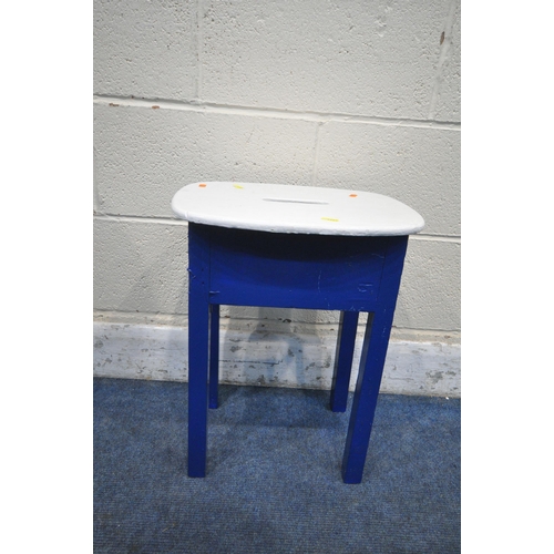 1285 - FIVE VARIOUS PINE BLUE PAINTED STOOLS, to include two pairs, one painted white, largest width 42cm x... 