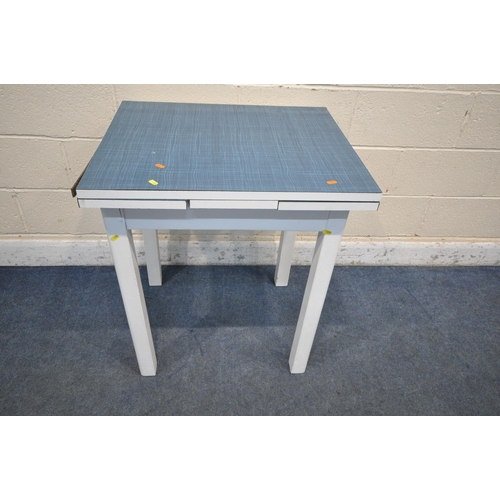 1285 - FIVE VARIOUS PINE BLUE PAINTED STOOLS, to include two pairs, one painted white, largest width 42cm x... 