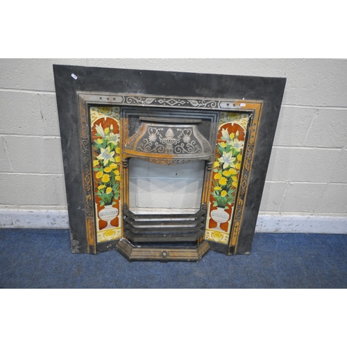 1339 - A CAST IRON FIRE SURROUND, the tiled inserts depicting flowers in a vase, width 102cm x height 99cm,... 