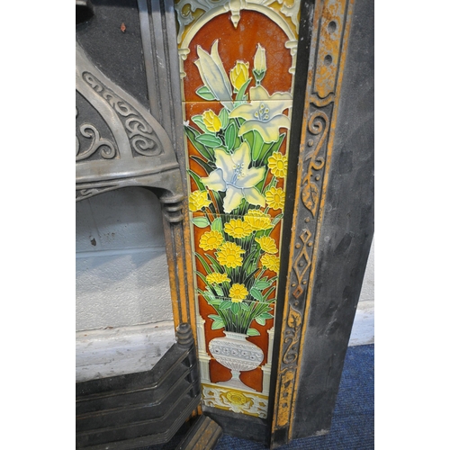 1339 - A CAST IRON FIRE SURROUND, the tiled inserts depicting flowers in a vase, width 102cm x height 99cm,... 