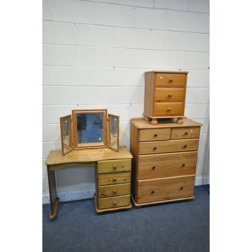 1340 - A SELECTION OF MODERN PINE BEDROOM FURNITURE, to include a chest of two short over three long drawer... 