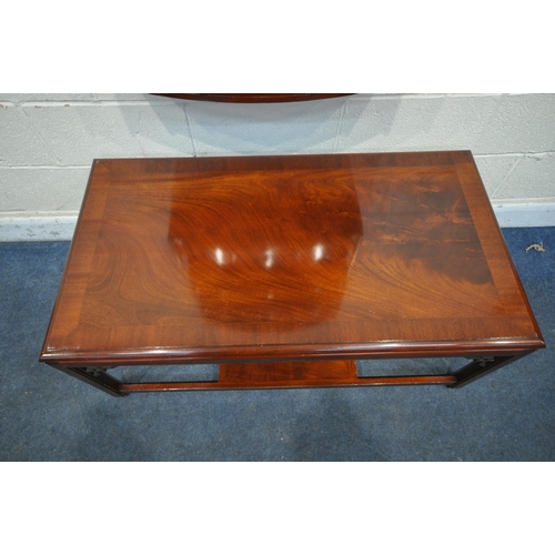 1344 - A MODERN FLAME MAHOGANY RECTANGULAR COFFEE TABLE, length 117cm x depth 64cm x height 48cm, along wit... 