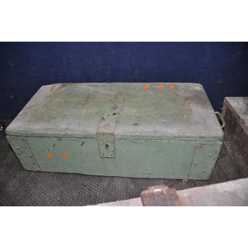 1057 - THREE VINTAGE WOODEN BOXES included a painted pine toolbox with metal corner strengthener width 70cm... 