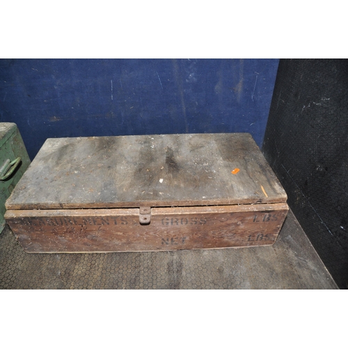 1057 - THREE VINTAGE WOODEN BOXES included a painted pine toolbox with metal corner strengthener width 70cm... 