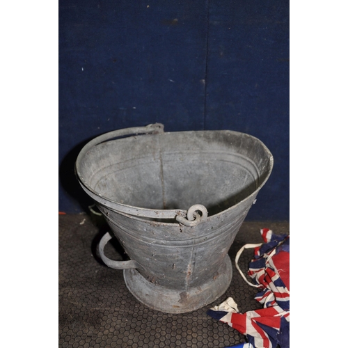 1076 - A VINTAGE DEED BOX, vintage cotton and plastic bunting and a galvanised coal bucket deed box width 4... 