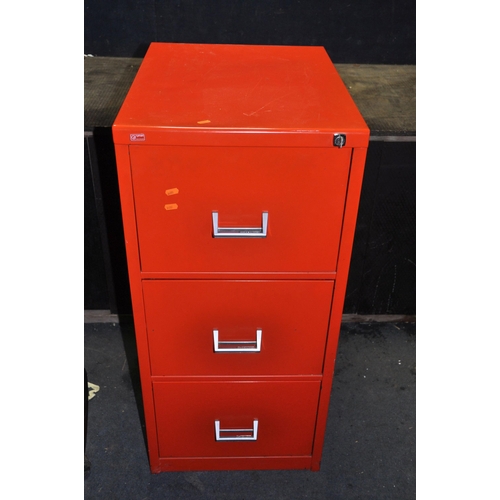 1081 - A MODERN METAL THREE DRAWER FILING CABINET red in colour with one key width 47cm depth 62cm height 1... 